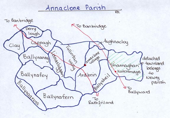 Townlands of Annaclone Parish & main roads