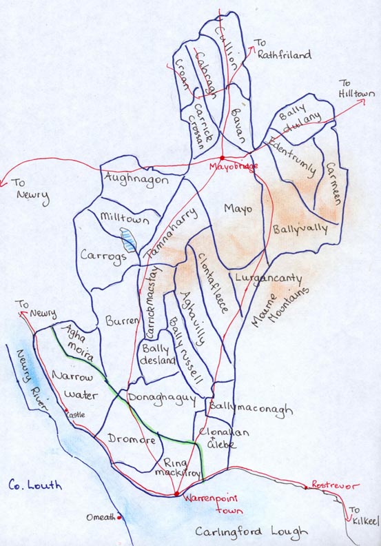 Townland map of Clonallan & Warrenpoint Parishes with main roads