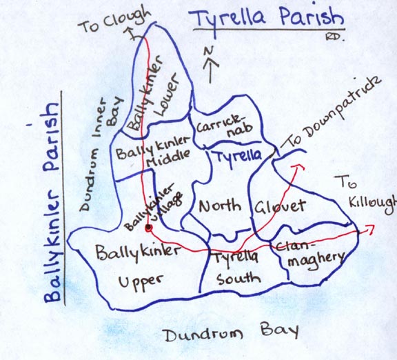 Townlands of Ballykinler & Tyrella Parishes & main roads